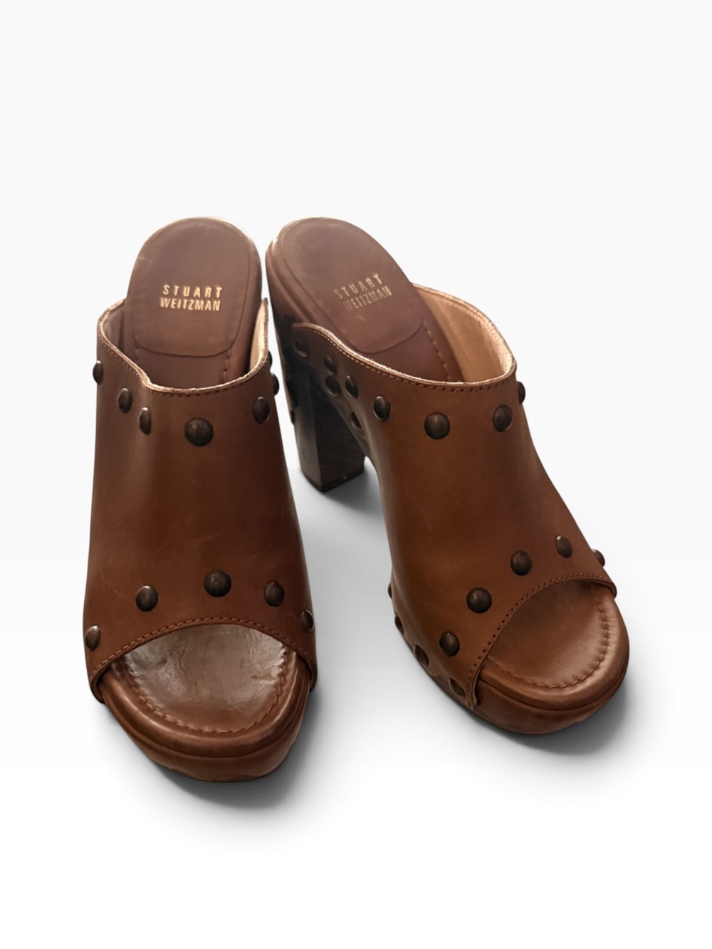 Stuart Weitzman “Sequoia” Studded Leather Open Toe Mule Clogs Platform Heel 8.5
